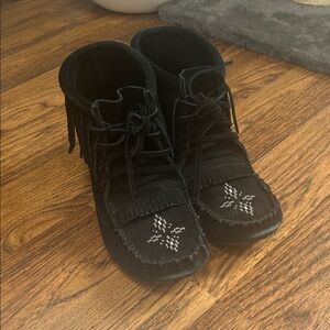 Black Moccasin Boots with Fringe